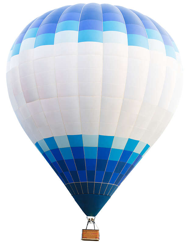 comfortabele luchtballon met blauwe en witte tinten voor ballonvaarten door Airo in West-Vlaanderen en Henegouwen
