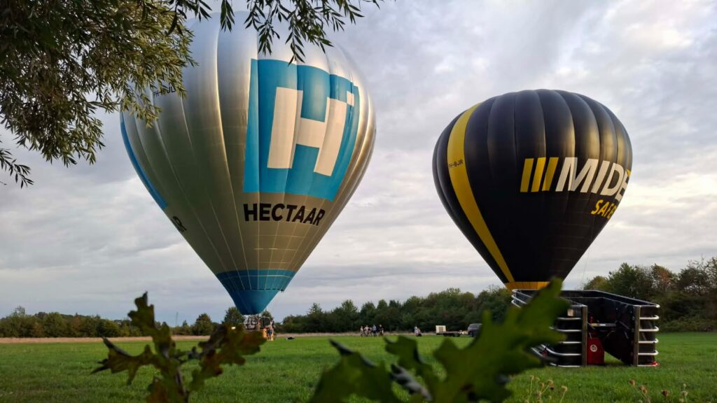 Twee hete luchtballonnen in een groen veld bij bewolkte lucht, met mensen en bomen op de achtergrond